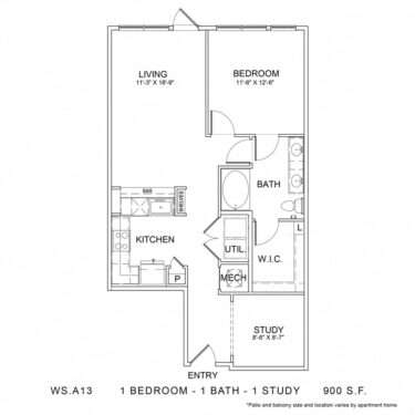 Rendering of the WS_A13 floor plan with 1 bedroom[s] and 1 bathroom[s] at Wylder Square