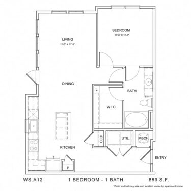 Rendering of the WS_A12 floor plan with 1 bedroom[s] and 1 bathroom[s] at Wylder Square