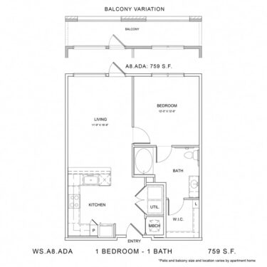 Rendering of the WS_A8_ADA floor plan with 1 bedroom[s] and 1 bathroom[s] at Wylder Square