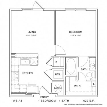 Rendering of the WS_A3 floor plan with 1 bedroom[s] and 1 bathroom[s] at Wylder Square