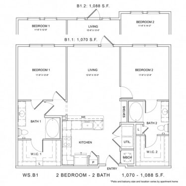 Rendering of the WS_B1 floor plan with 2 bedroom[s] and 2 bathroom[s] at Wylder Square