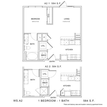 Rendering of the WS_A2 floor plan with 1 bedroom[s] and 1 bathroom[s] at Wylder Square