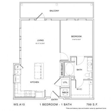Rendering of the WS_A10 floor plan with 1 bedroom[s] and 1 bathroom[s] at Wylder Square