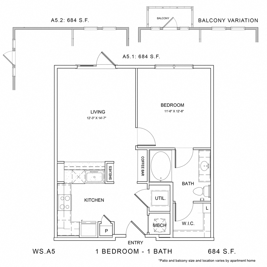 Rendering of the WS_A5 floor plan with 1 bedroom[s] and 1 bathroom[s] at Wylder Square
