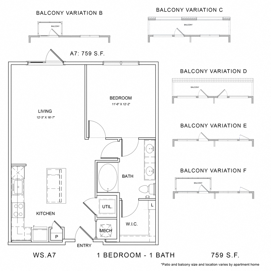 Rendering of the WS_A7 floor plan with 1 bedroom[s] and 1 bathroom[s] at Wylder Square