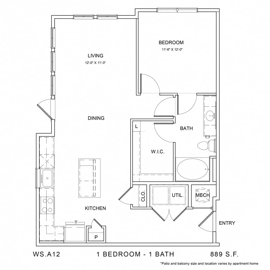 Rendering of the WS_A12 floor plan with 1 bedroom[s] and 1 bathroom[s] at Wylder Square
