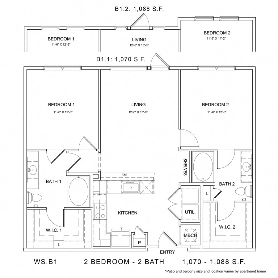 Rendering of the WS_B1 floor plan with 2 bedroom[s] and 2 bathroom[s] at Wylder Square