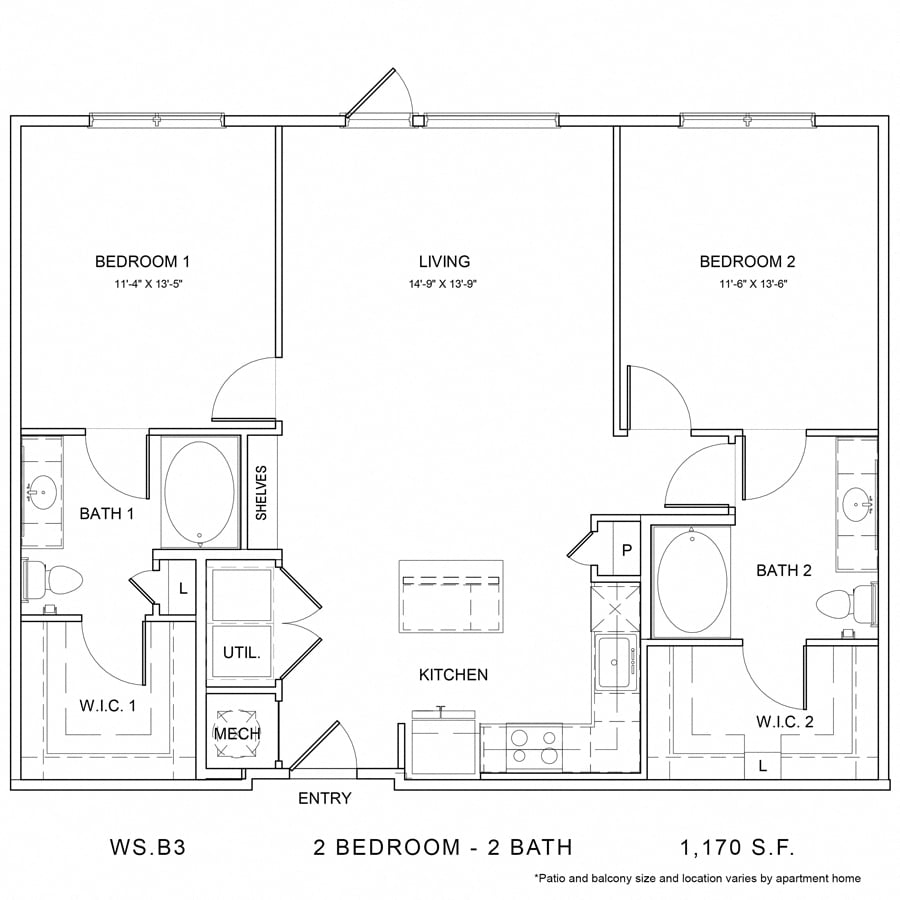 Rendering of the WS_B3 floor plan with 2 bedroom[s] and 2 bathroom[s] at Wylder Square