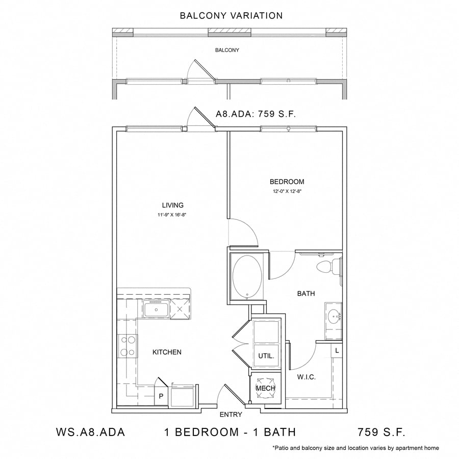 Rendering of the WS_A8_ADA floor plan with 1 bedroom[s] and 1 bathroom[s] at Wylder Square