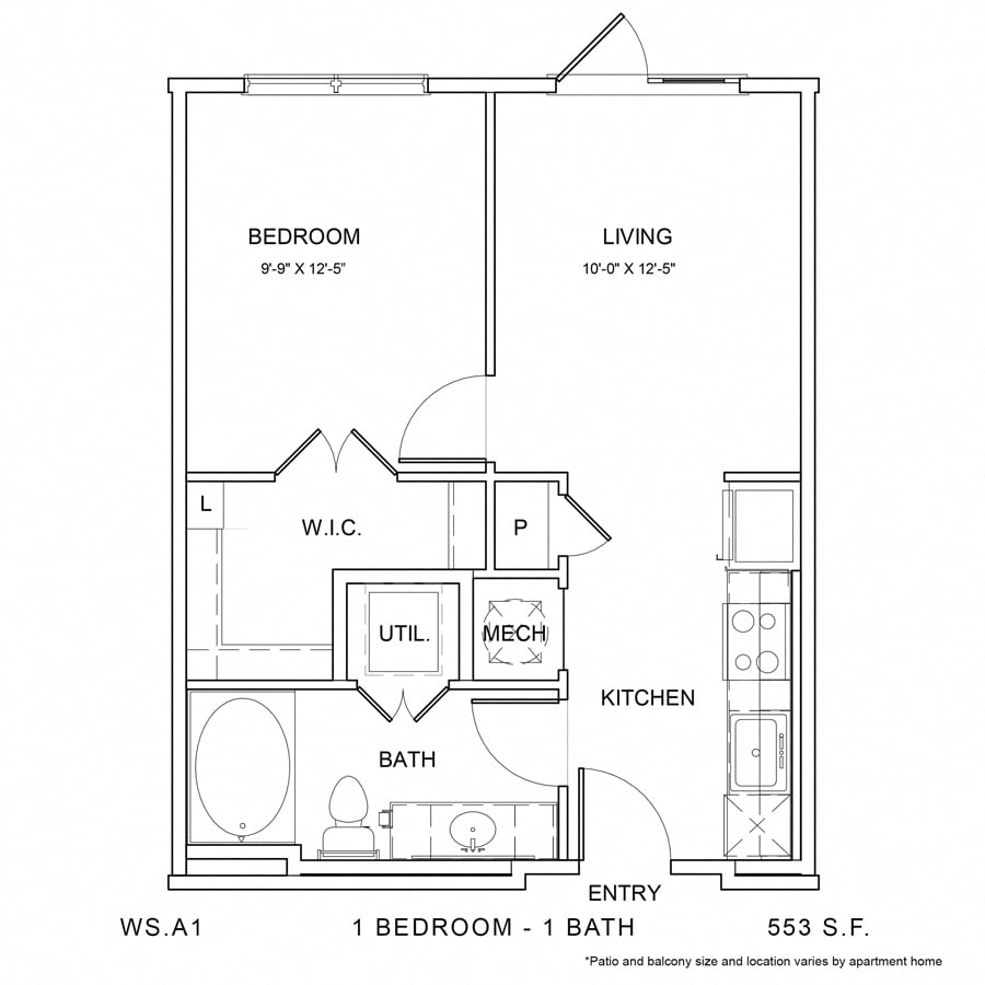 Rendering of the WS_A1 floor plan with 1 bedroom[s] and 1 bathroom[s] at Wylder Square