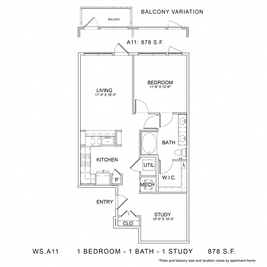 Rendering of the WS_A11 floor plan with 1 bedroom[s] and 1 bathroom[s] at Wylder Square