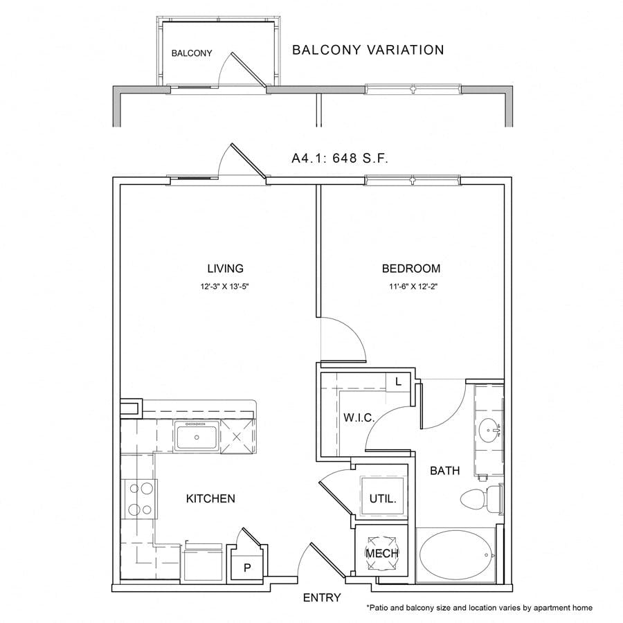 Rendering of the WS_A4.1 floor plan with 1 bedroom[s] and 1 bathroom[s] at Wylder Square