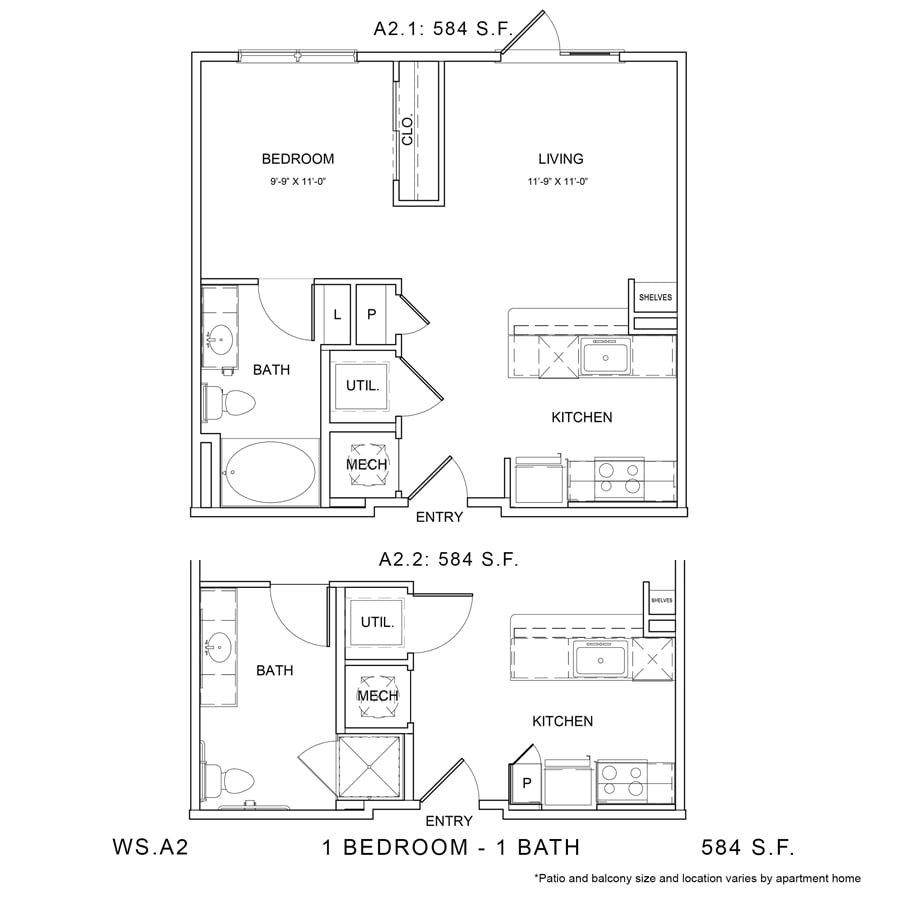 Rendering of the WS_A2 floor plan with 1 bedroom[s] and 1 bathroom[s] at Wylder Square
